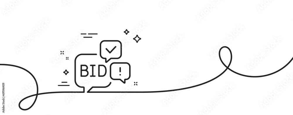 Bid offer line icon. Continuous one line with curl. Auction sign. Raise the price up symbol. Bid offer single outline ribbon. Loop curve pattern. Vector - obrazy, fototapety, plakaty 