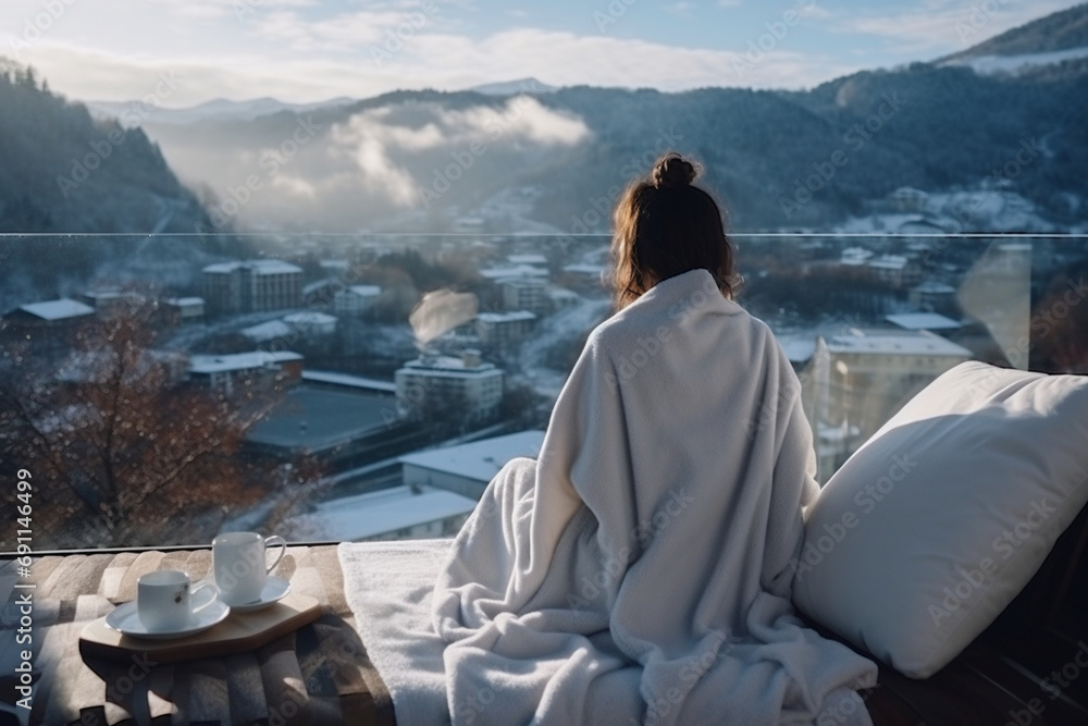 girl in a robe on a terrace in the mountains. generative ai