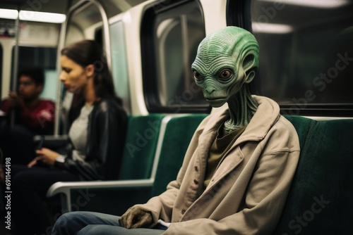 An alien driving with a subway with normal people.