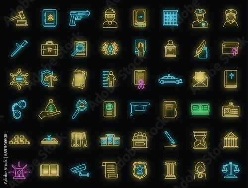 Justice legal icons set. Outline set of justice legal vector icons neon color on black