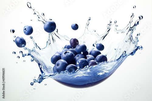 Ripe blueberries in zero gravity in a splash and drops of water.