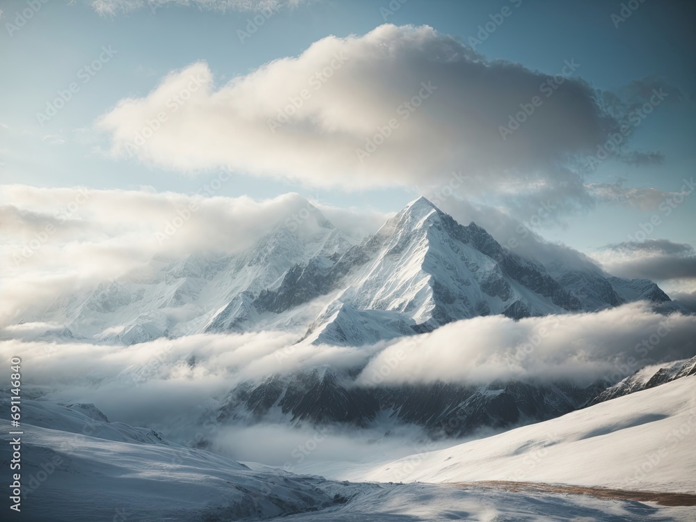 Amazing snowy mountain peaks in clouds
