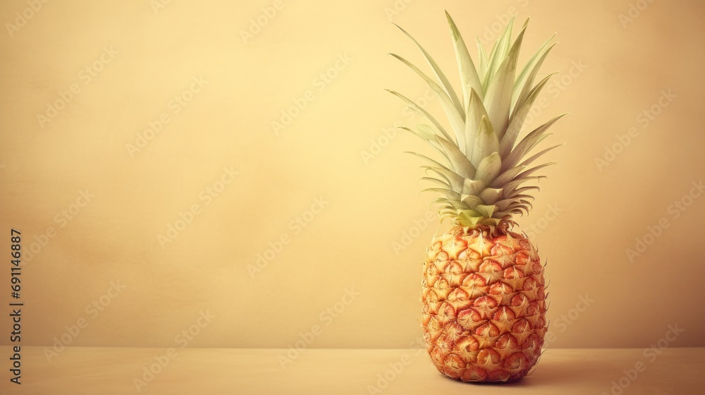 a pineapple sitting on top of a table next to a brown and yellow wall with a light brown wall behind it and a small pineapple in the middle of the top of the table. a pineapple sitting on top of a table next to a brown and yellow wall with a light brown wall behind it and a small pineapple in the middle of the top of the table.