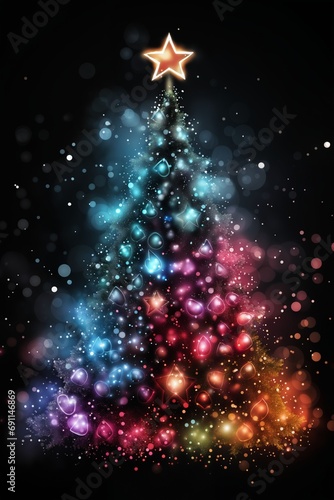 Illustration of Christmas tree decorated for New Year's holiday on a dark background