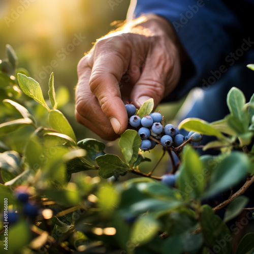 Man plucks an blueberry in the plantation. Farmer pick blueberry.