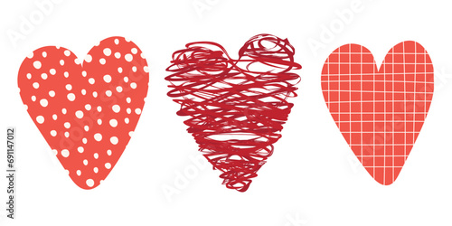 Hand drawn collection of hearts with textures.Red and white clip art set isolated on white background.Prints with free hand dots and random stripes, for creating cards,patterns.Vector illustration.