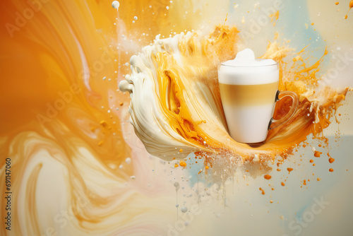 Top view of a mug of cappuccino surrounded by a large splash of coffee and cream.