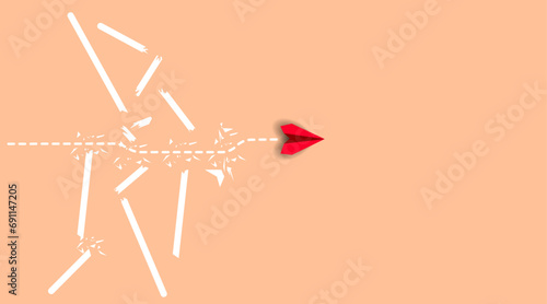 red plane is flying towards success, overcoming obstacles.Overcoming obstacles idea concept.