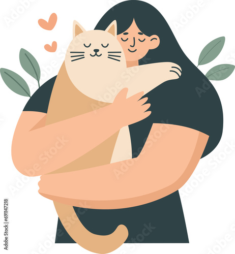 Flat vector illustration. Girl hugging her cat. Concept of love to animals and careful attitude . Vector illustration
