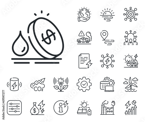 Petrol price sign. Energy, Co2 exhaust and solar panel outline icons. Fuel prices line icon. Diesel rate symbol. Fuel price line sign. Eco electric or wind power icon. Green planet. Vector