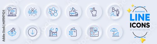 Qr code, Integrity and Bitcoin project line icons for web app. Pack of Touchscreen gesture, Inflation, Factory pictogram icons. Phone timing, Cyber attack, Fake news signs. Recruitment. Vector