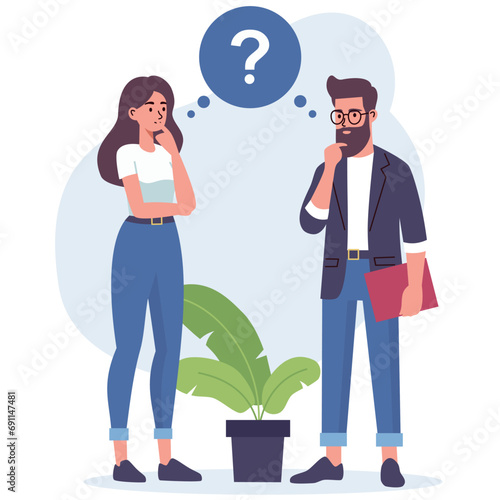 Flat vector illustration. A woman and a man are discussing issues, thinking about making a decision, coming up with an idea. Concept of joint idea . Vector illustration