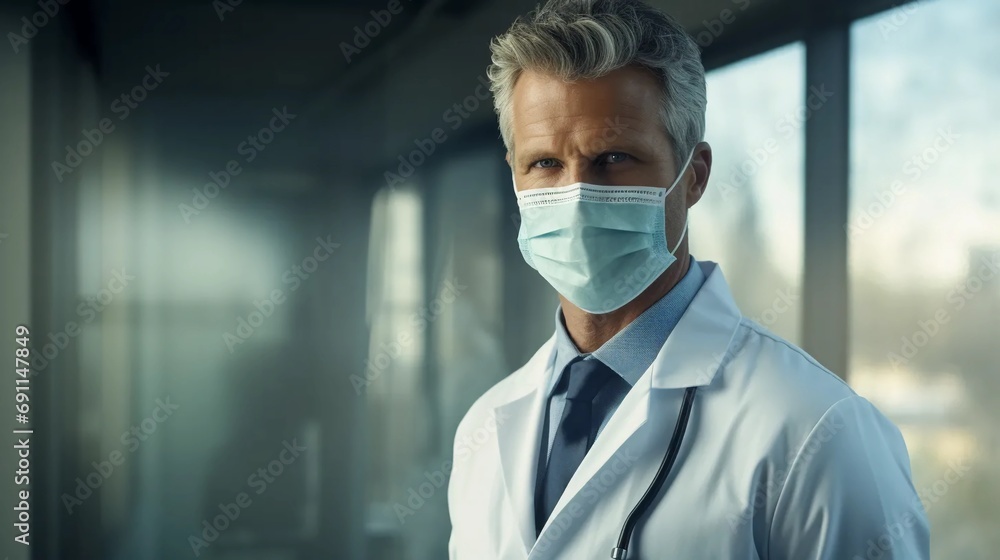 Doctor wearing a mask, protection against viruses, professional medical service