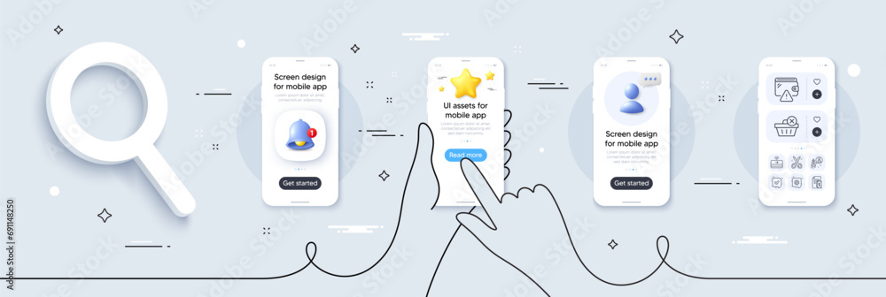 Delete purchase, Payment and Startup line icons pack. Phone screen mockup with 3d star, alert and chat message. Wallet, Contactless payment, Scissors web icon. Cogwheel, Confirmed pictogram. Vector Delete purchase, Payment and Startup line icons pack. Phone screen mockup with 3d star, alert and chat message. Wallet, Contactless payment, Scissors web icon. Cogwheel, Confirmed pictogram. Vector