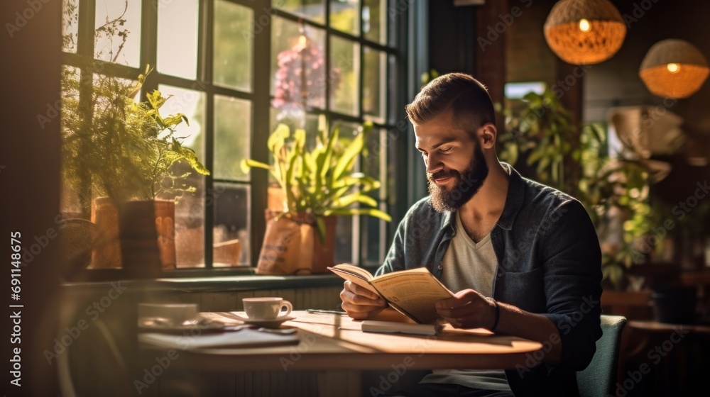 A man sipping coffee at a cozy cafe table, engrossed in a book with a peaceful expression A man sipping coffee at a cozy cafe table, engrossed in a book with a peaceful expression