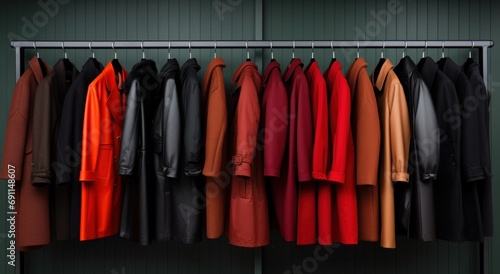 large selection of coats are hung on a rail outside