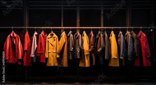 large selection of coats are hung on a rail outside