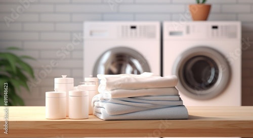 laundry stacks and towels on top of wooden kitchen counter with washing machine