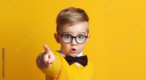 little boy wearing glasses points on a yellow background
