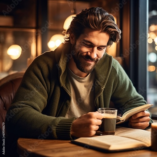 A man sipping coffee at a cozy cafe table, engrossed in a book with a peacefu...