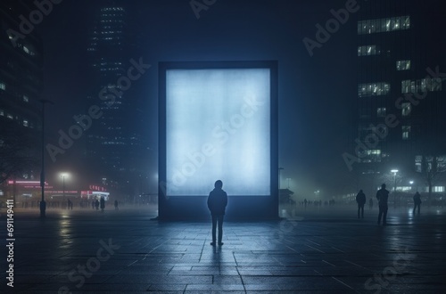 people standing around a blank box at night