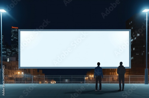 people standing around a blank box at night