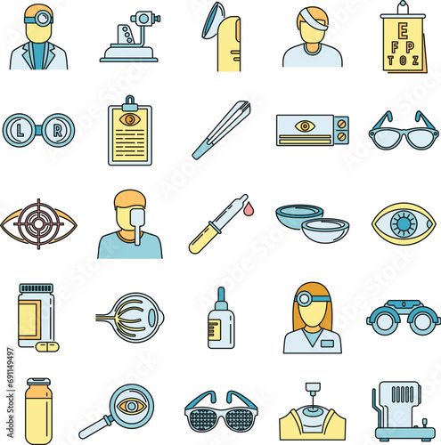 Medical eye examination icons set. Outline set of medical eye examination vector icons thin line color flat on white