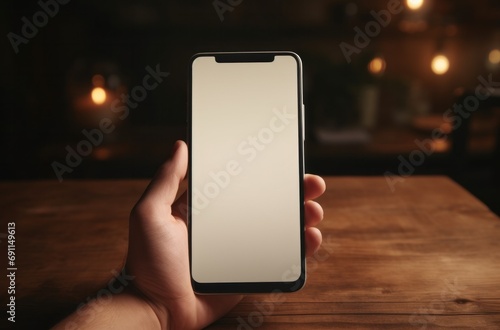 person holding blank to the camera in front of table