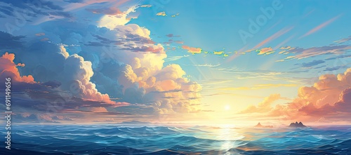 widok nieba pełnego chmur i wychodzących promieni słońca nad lustrem wody