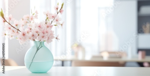 pink flowers in vase on desk of office photo