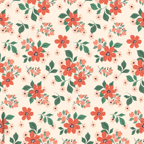 Seamless floral pattern, romantic liberty ditsy print. Cute botanical design in spring motif: pretty small hand drawn plants, red flowers, leaves, mini bouquets on light pink. Vector flower pattern.