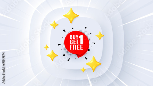 Buy 1 Get 1 Free sticker. Neumorphic offer 3d banner, coupon. Discount banner tag. Coupon icon. Get free promo event background. Sunburst banner, flyer or poster. Vector