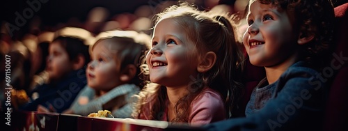 uśmiechnięte dzieci siedzące w kinie na fotelach z wielkimi uśmiechami i wielką radością photo