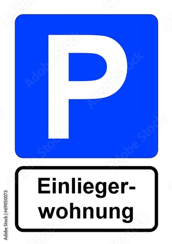 Illustration eines blauen Parkplatzschildes mit der Aufschrift "Einliegerwohnung" 