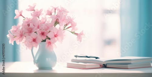 pink flowers in vase on desk of office
