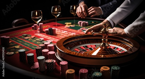 players spin roule on a roulette table using cards and chip photo