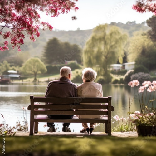 A senior couple sitting on a bench in a beautiful garden
