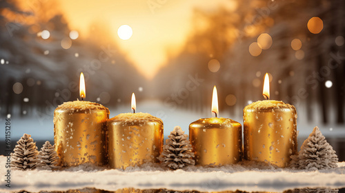 Winter christmas candle with snow and copy space created by ai
