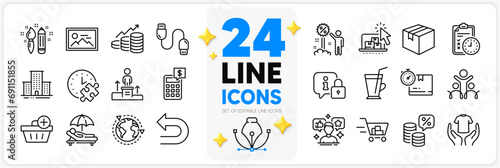 Icons set of University campus, Photo and Outsourcing line icons pack for app with Puzzle time, Parcel, Social media thin outline icon. Add purchase, Charging cable, Business podium pictogram. Vector