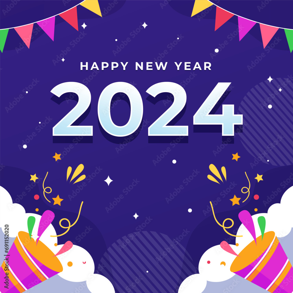 Happy New Year 2024 illustration vector background. Concept for 2024 new year celebration, fit for banner, background, feed, greeting card, background, social media post. Vector eps 10