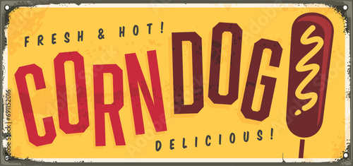 Delicious corn dogs vintage style sign design for fast food stand or restaurant. Corndog on a stick retro advertisement. Vector food illustration. photo