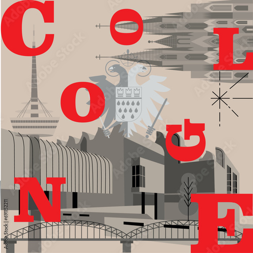 Typography word “Cologne” branding technology concept. Collection of flat vector web icons. Culture travel set, famous architectures, specialties detailed silhouette. German famous landmark