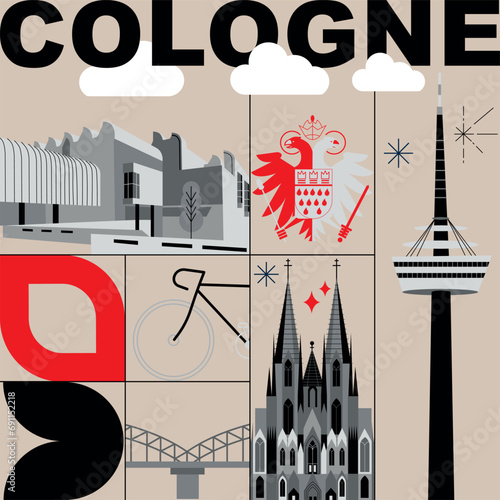 Typography word “Cologne” branding technology concept. Collection of flat vector web icons. Culture travel set, famous architectures, specialties detailed silhouette. German famous landmark