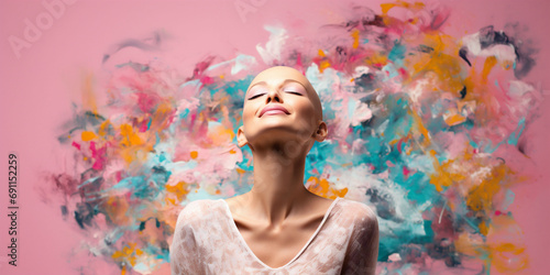 A bald woman after cancer chemotherapy no hair smiling and closed eyes on colorful painted background. World Cancer Day Banner of poster of art therapy. Copy space photo