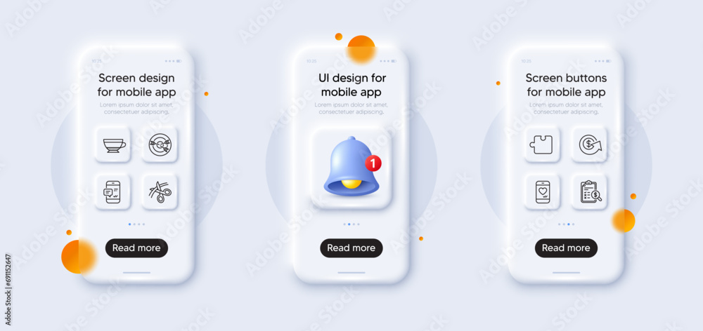 Targeting, Smartphone notification and Love chat line icons pack. 3d phone mockups with bell alert. Glass smartphone screen. Dry cappuccino, Scissors, Dollar exchange web icon. Vector Targeting, Smartphone notification and Love chat line icons pack. 3d phone mockups with bell alert. Glass smartphone screen. Dry cappuccino, Scissors, Dollar exchange web icon. Vector