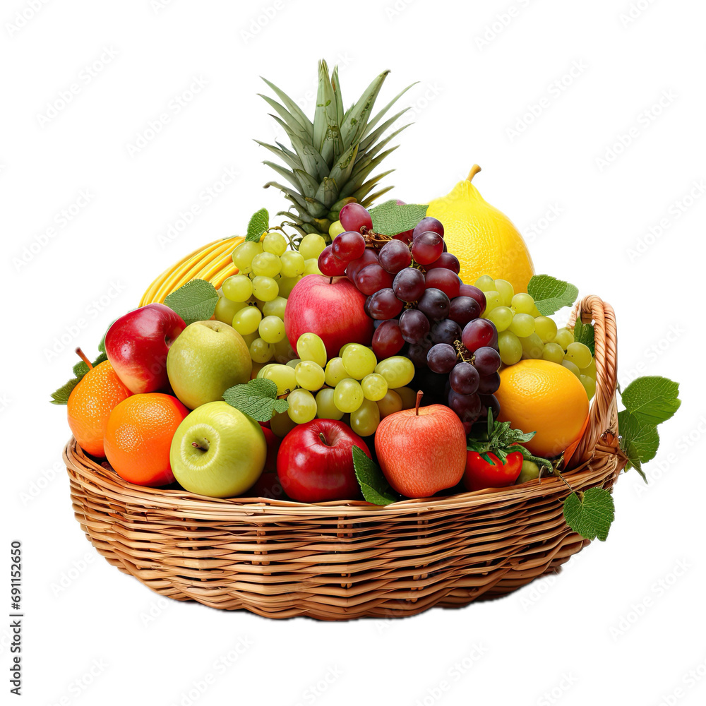 a wicker basket full of various fruits, side view, PNG, ancient fresh fruit, isolated, and transparent photorealistic illustration. Generative ai a wicker basket full of various fruits, side view, PNG, ancient fresh fruit, isolated, and transparent photorealistic illustration. Generative ai