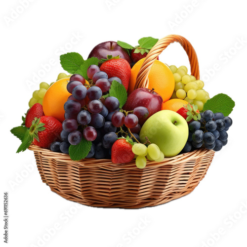 a wicker basket full of various fruits  side view  PNG  ancient fresh fruit  isolated  and transparent photorealistic illustration. Generative ai