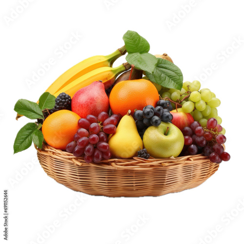 a wicker basket full of various fruits, side view, PNG, ancient fresh fruit, isolated, and transparent photorealistic illustration. Generative ai
