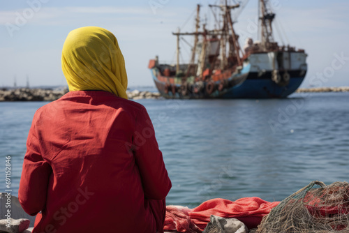 Woman is sitting on sea shore, looking at old abandoned ship. Refugees and asylum seekers, poverty, hunger, misery. Growing illegal migration flows, integration of migrants and immigrants photo