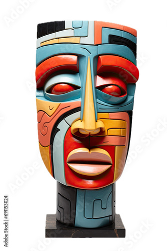 a vertical Tribal mask, colorful and carved, abstract, front view, PNG, ancient culture-themed, isolated, and transparent photorealistic illustration. Generative ai